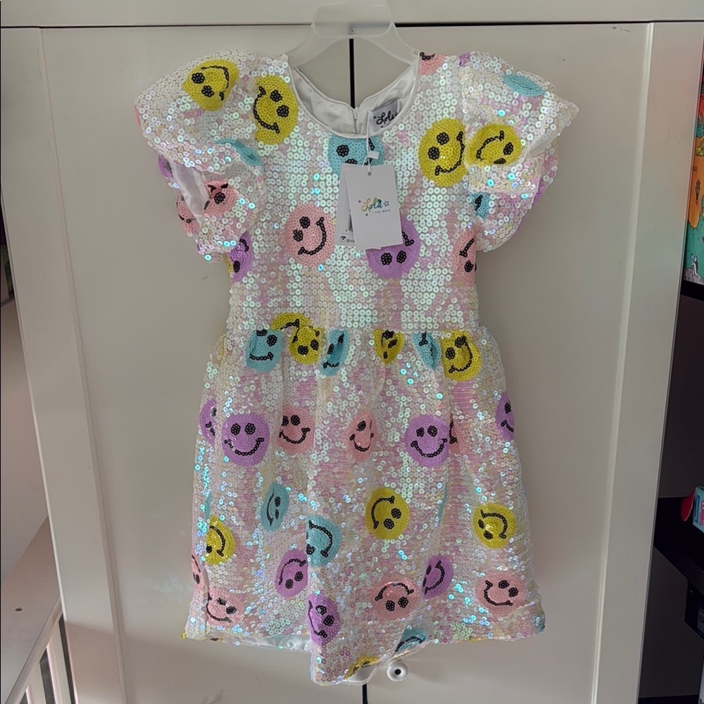 Lola + The Boys Sequin Smiley Emoji Dress in Pastel Multicolor